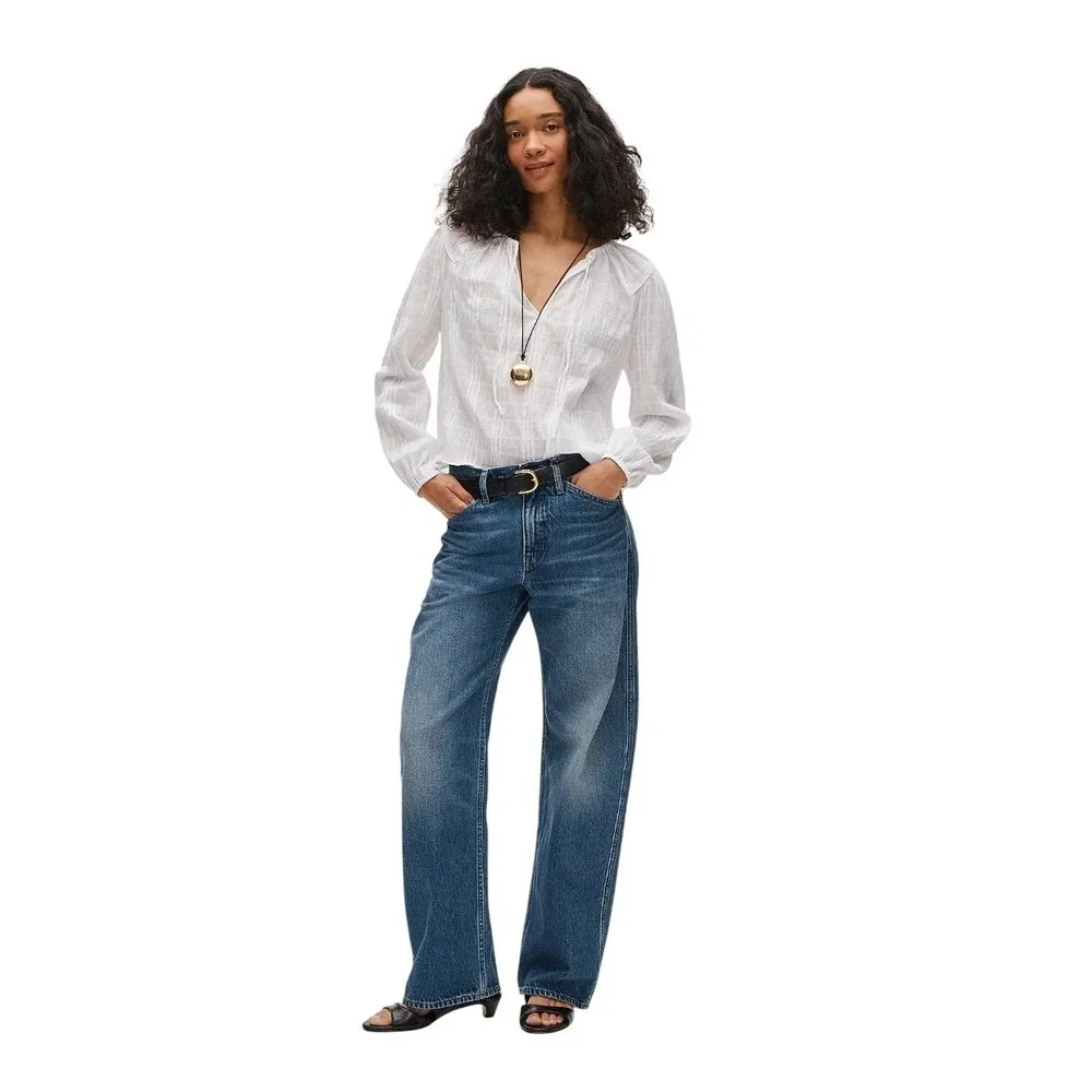 J. Crew Tie Front Popover Top White Seersucker Long Sleeve S